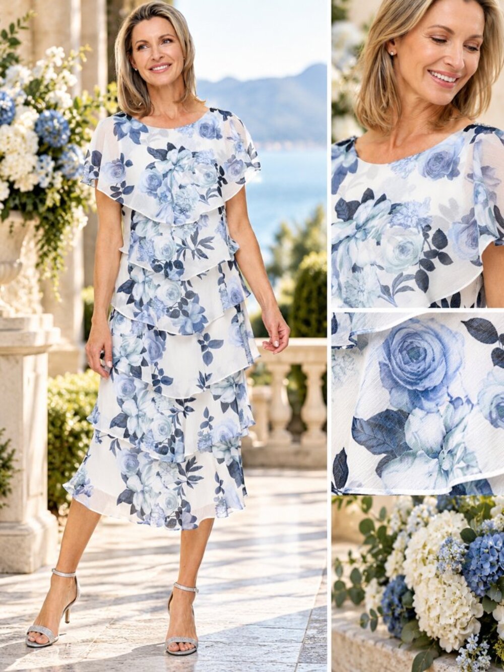 SL Fashions Size 10 Ivory Blue Floral Print Tiered Chiffon Midi Dress NWT